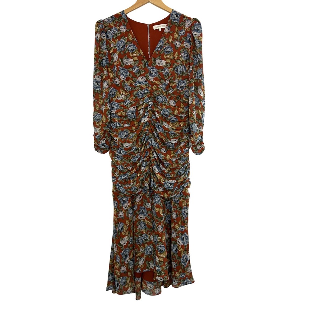 Floret Studios Floral Ruched V-Neck Midi Dress Rust Orange Blue XL Bodycon‎